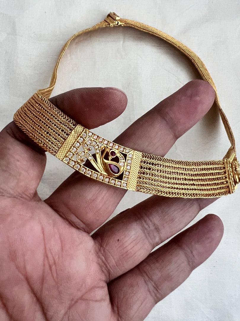 Antique style mesh necklace with peacock-Silver Neckpiece-CI-House of Taamara