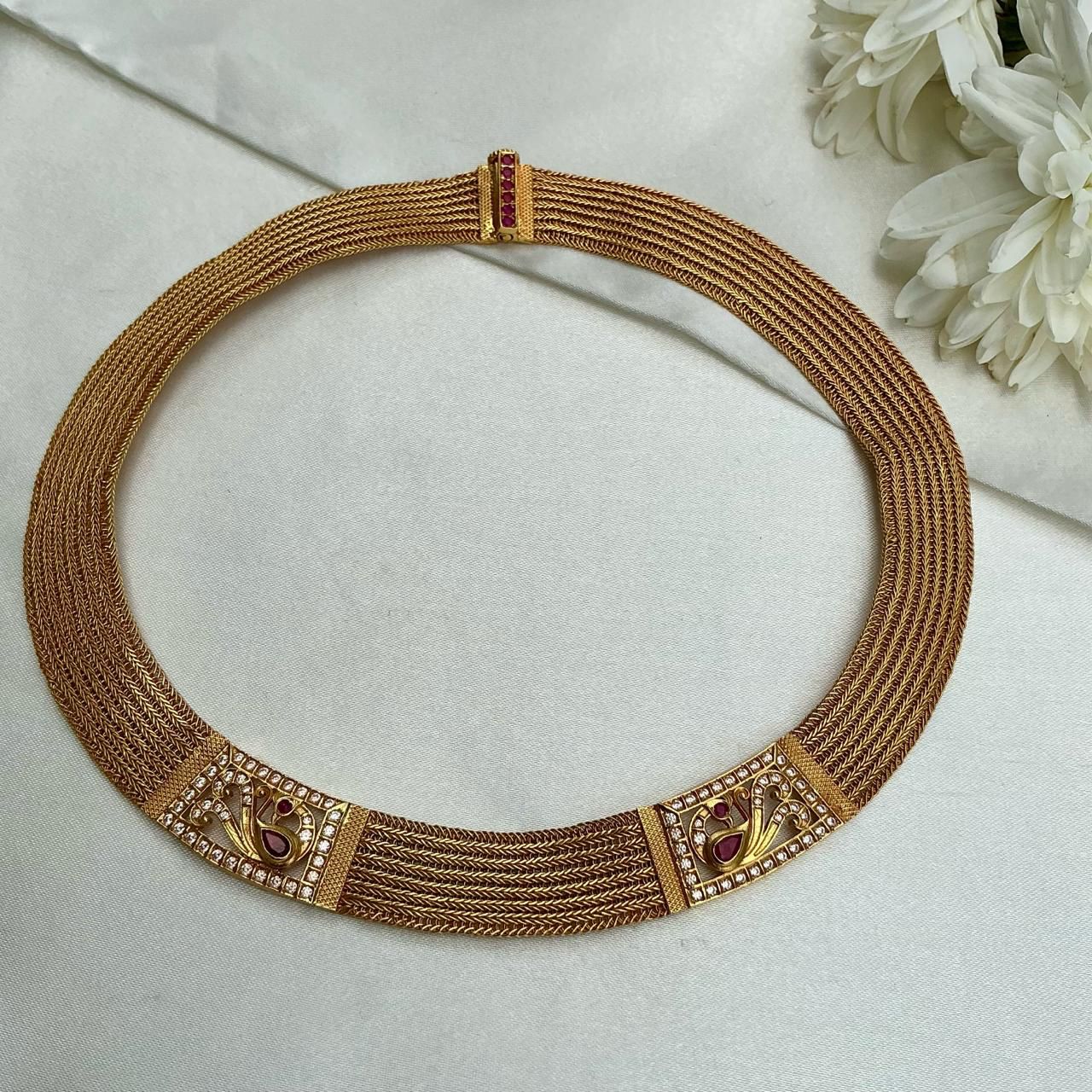 Antique style mesh necklace with peacock-Silver Neckpiece-CI-House of Taamara