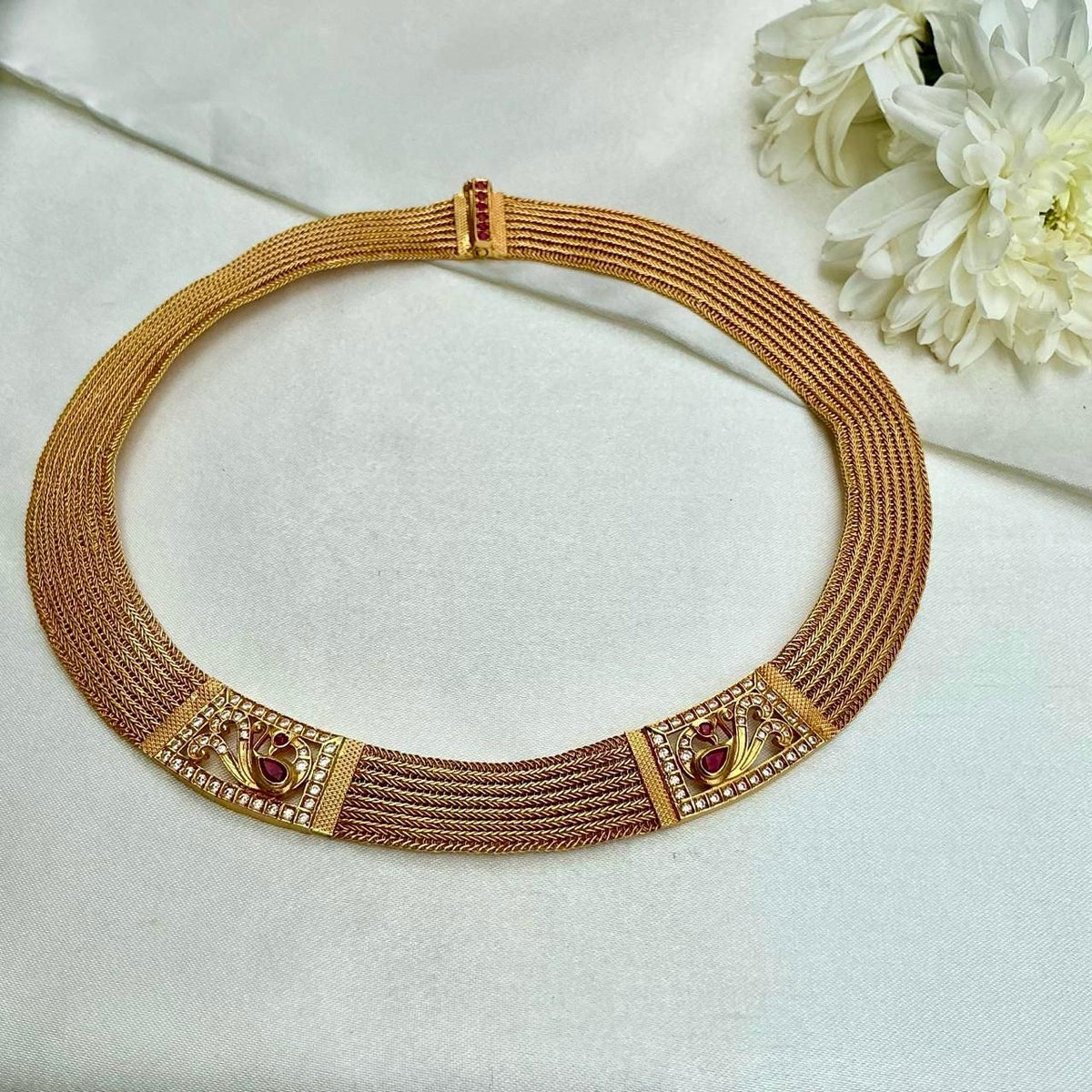 Antique style mesh necklace with peacock-Silver Neckpiece-CI-House of Taamara