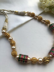 Antique style necklace with cylindrical green & ruby beads with pearls-Silver Neckpiece-PL-House of Taamara