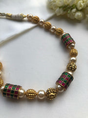 Antique style necklace with cylindrical green & ruby beads with pearls-Silver Neckpiece-PL-House of Taamara