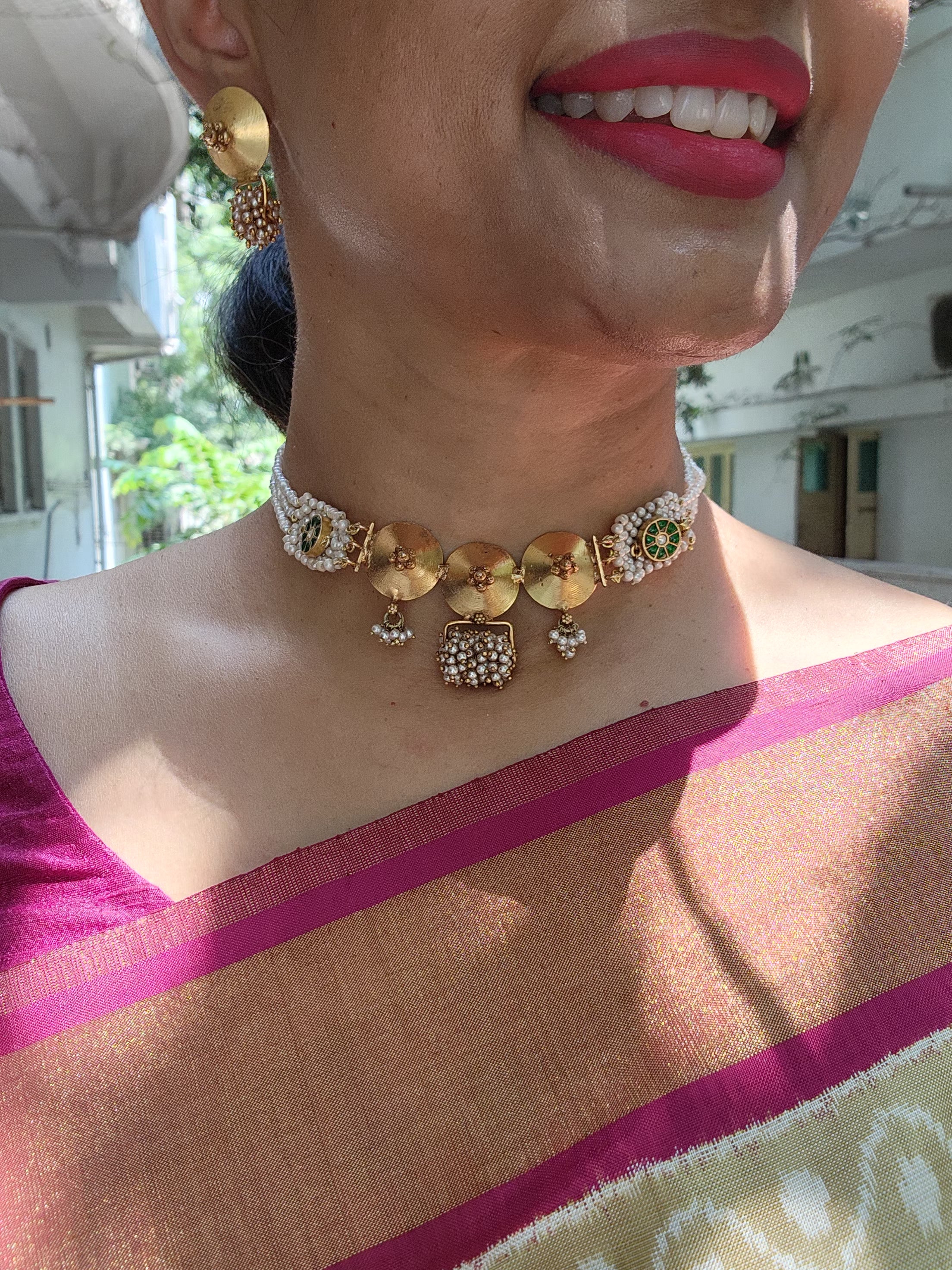 Antique style necklace with pearls patti mala-Silver Neckpiece-pl-House of Taamara