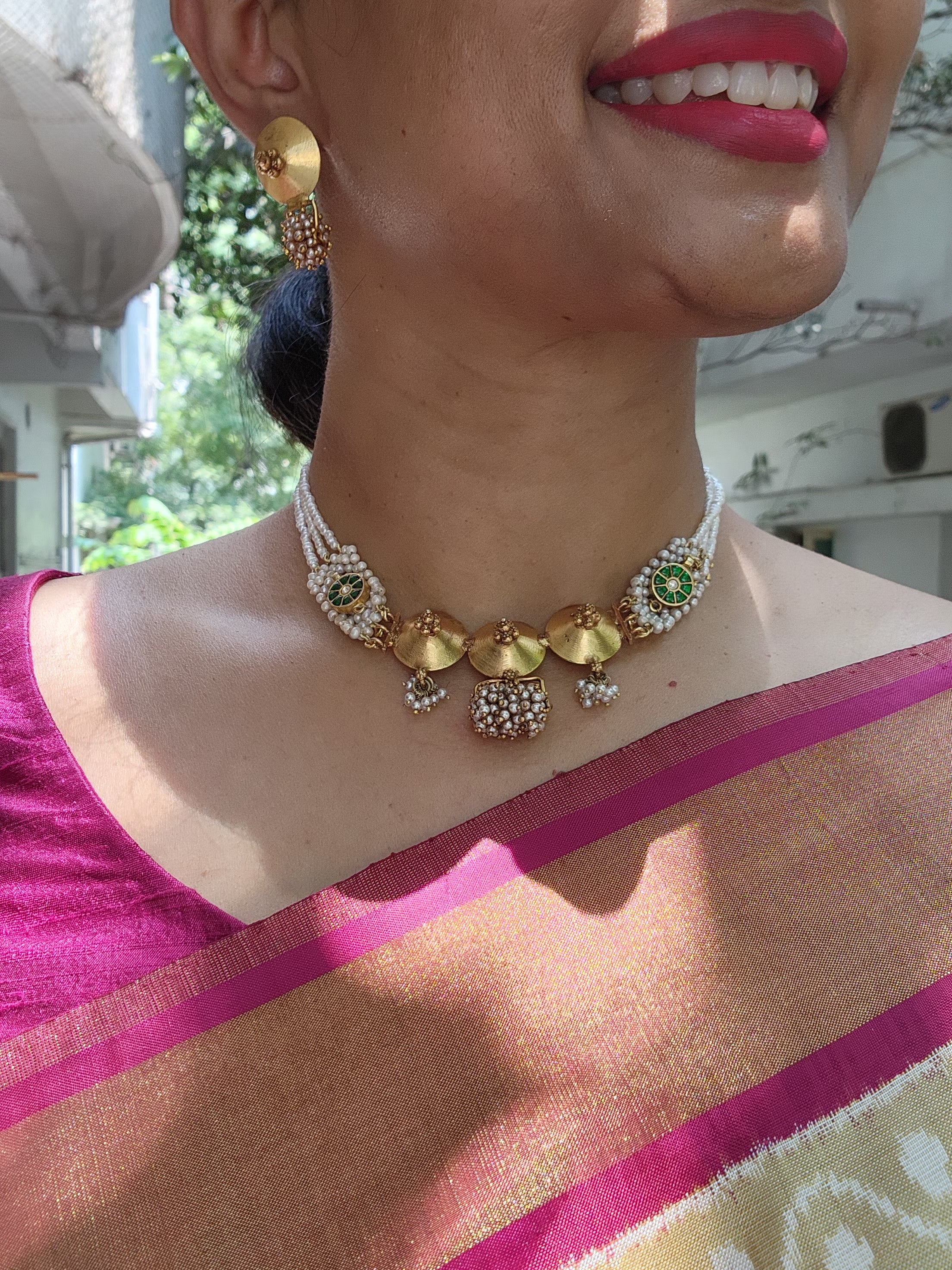Antique style necklace with pearls patti mala-Silver Neckpiece-pl-House of Taamara