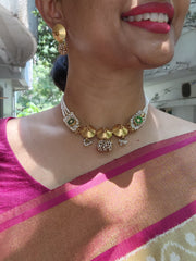 Antique style necklace with pearls patti mala-Silver Neckpiece-pl-House of Taamara