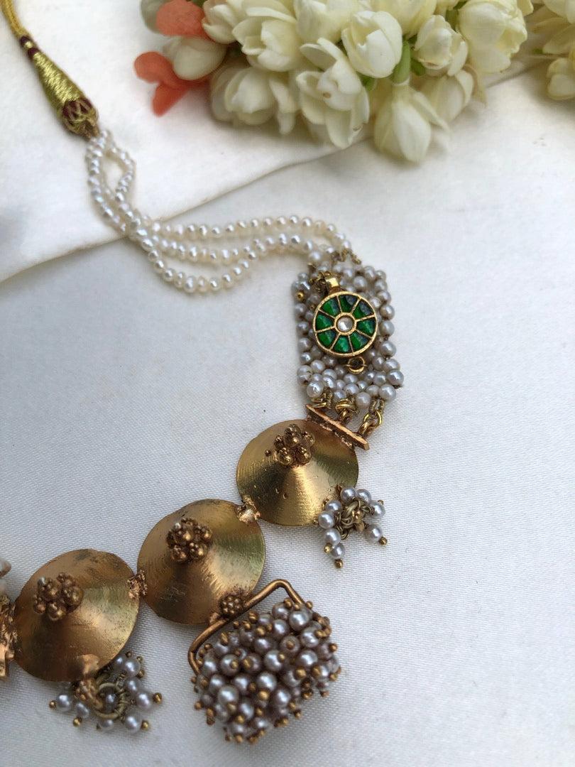 Antique style necklace with pearls patti mala-Silver Neckpiece-pl-House of Taamara
