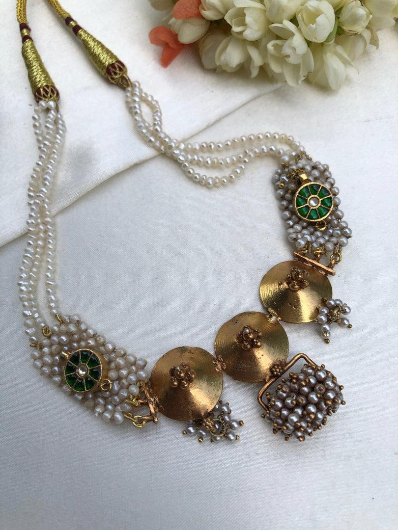 Antique style necklace with pearls patti mala-Silver Neckpiece-pl-House of Taamara