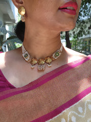 Antique style necklace with pearls patti mala-Silver Neckpiece-pl-House of Taamara