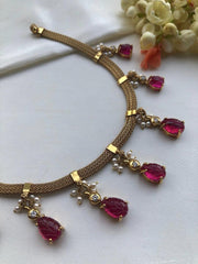 Antique style necklace with ruby carved stone pear drops-Silver Neckpiece-PL-House of Taamara