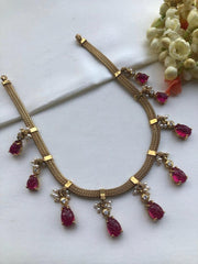 Antique style necklace with ruby carved stone pear drops-Silver Neckpiece-PL-House of Taamara