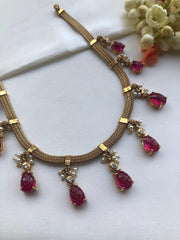 Antique style necklace with ruby carved stone pear drops-Silver Neckpiece-PL-House of Taamara