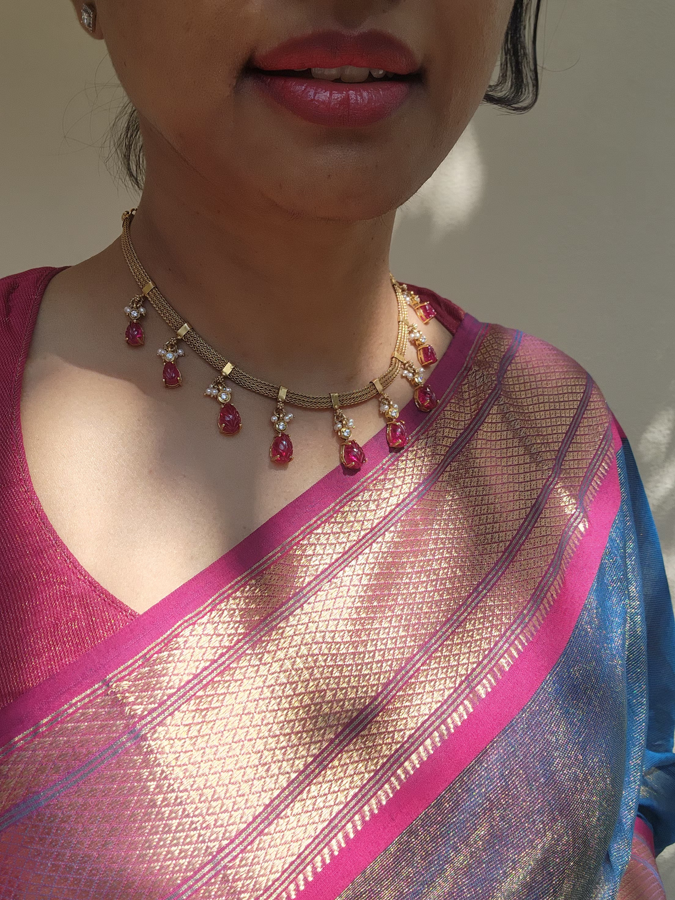 Antique style necklace with ruby carved stone pear drops-Silver Neckpiece-PL-House of Taamara