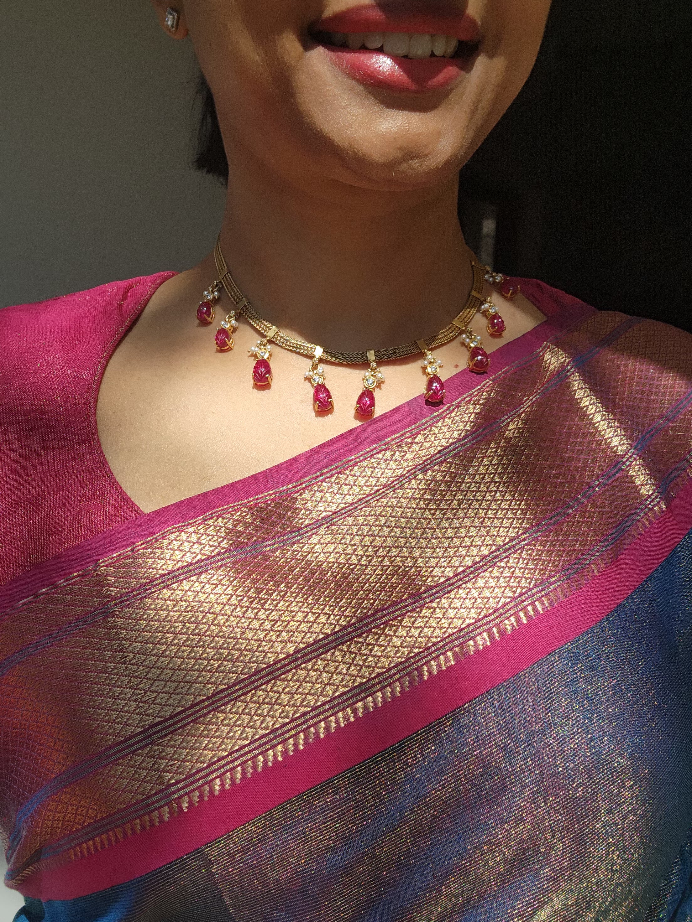 Antique style necklace with ruby carved stone pear drops-Silver Neckpiece-PL-House of Taamara