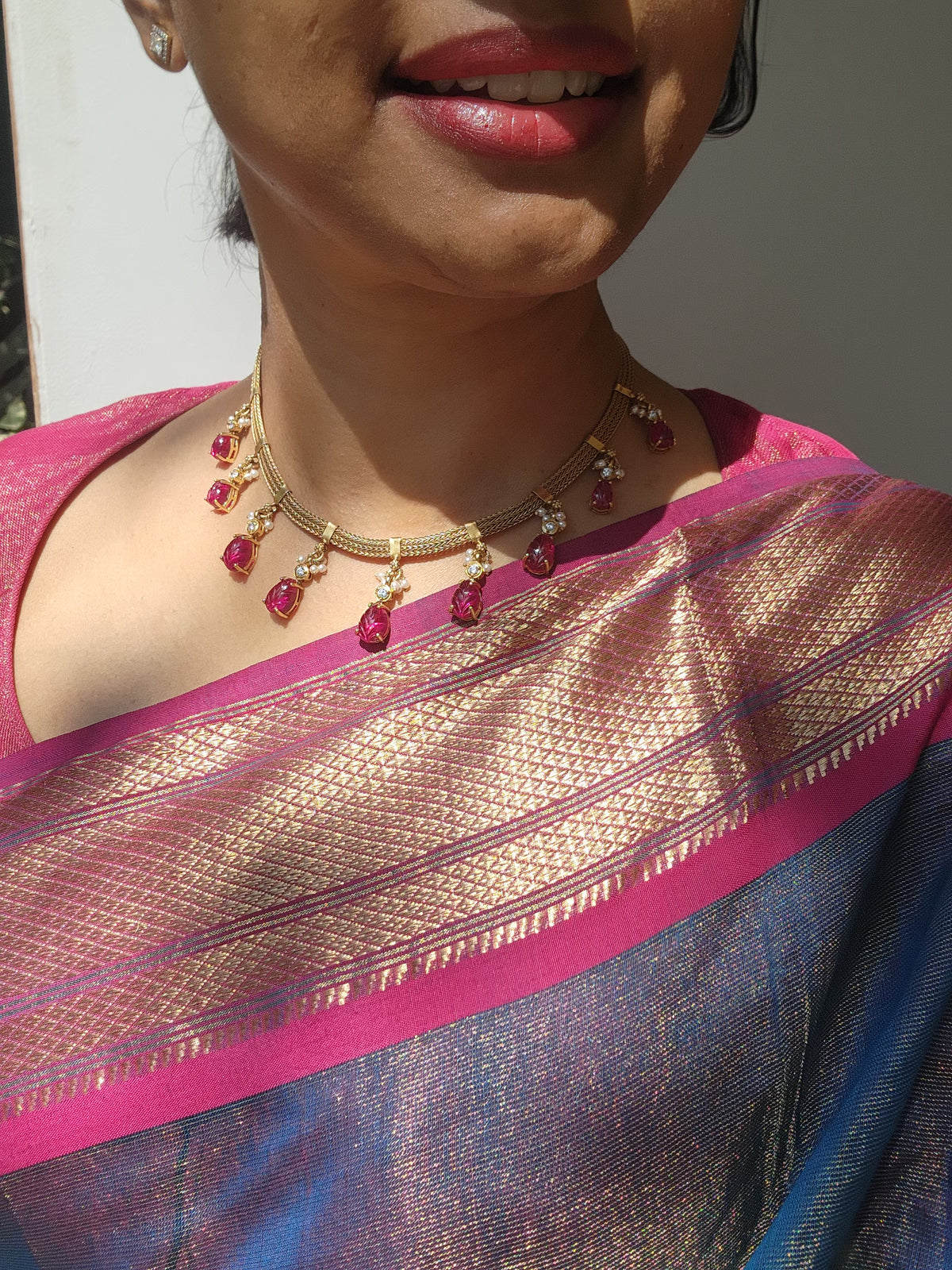 Antique style necklace with ruby carved stone pear drops-Silver Neckpiece-PL-House of Taamara