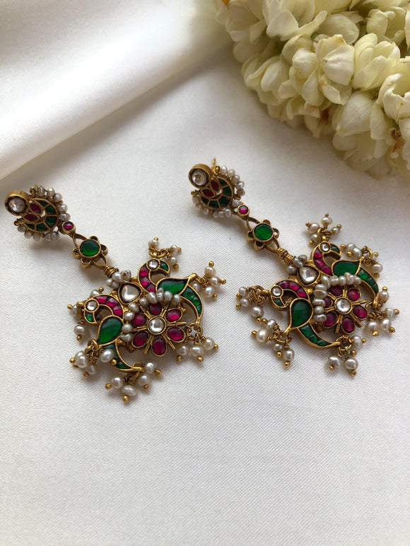 Antique style peacock kundan & ruby with antique pearls long earrings-Earrings-PL-House of Taamara