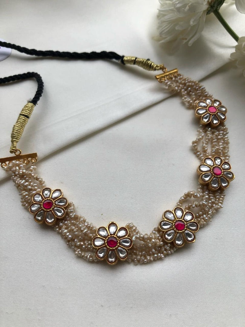 Antique style pearls Kundan flower choker-Silver Neckpiece-PL-House of Taamara