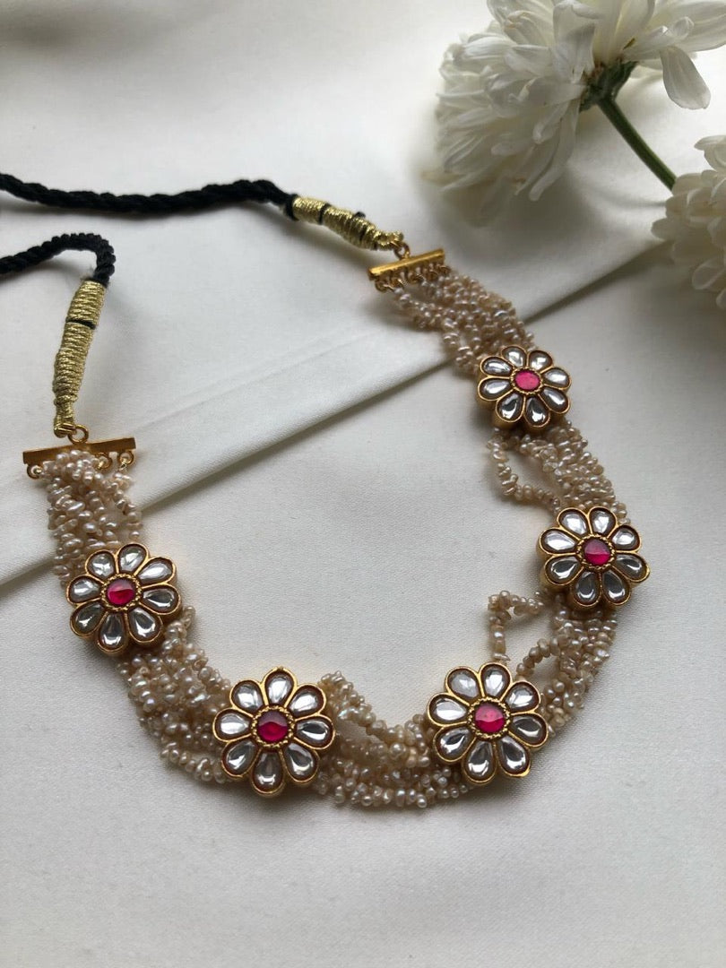 Antique style pearls Kundan flower choker-Silver Neckpiece-PL-House of Taamara