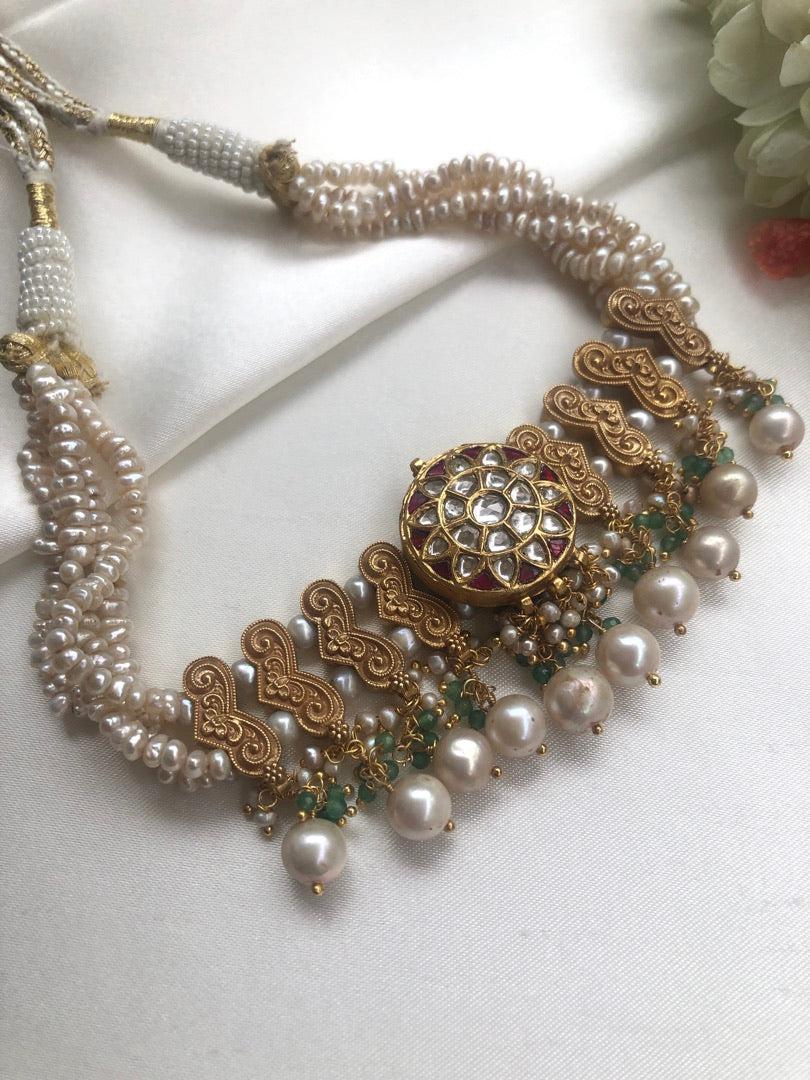 Antique style pearls choker with green beads & kundan centre pendant-Silver Neckpiece-PL-House of Taamara