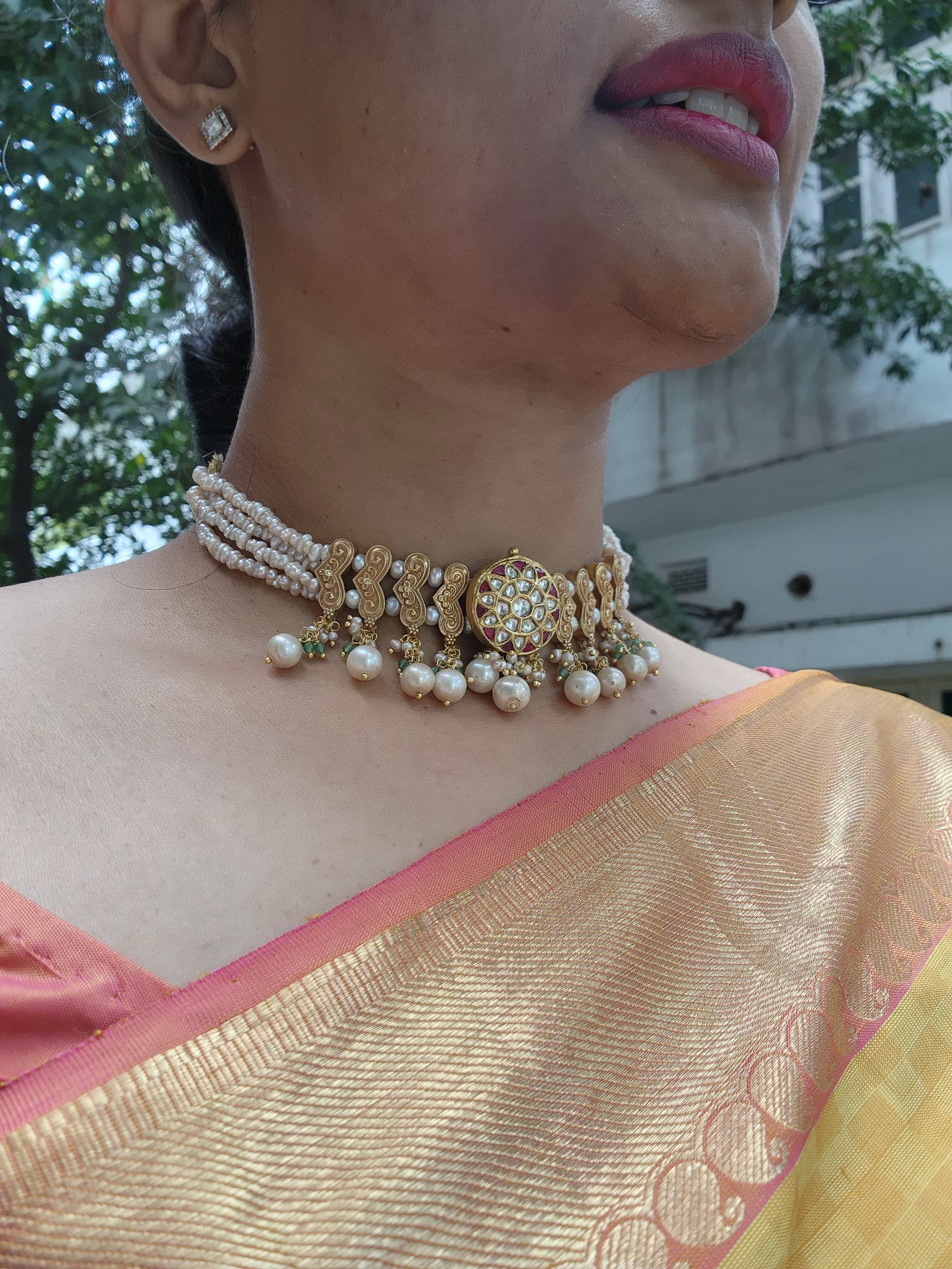 Antique style pearls choker with green beads & kundan centre pendant-Silver Neckpiece-PL-House of Taamara