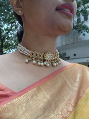 Antique style pearls choker with green beads & kundan centre pendant-Silver Neckpiece-PL-House of Taamara