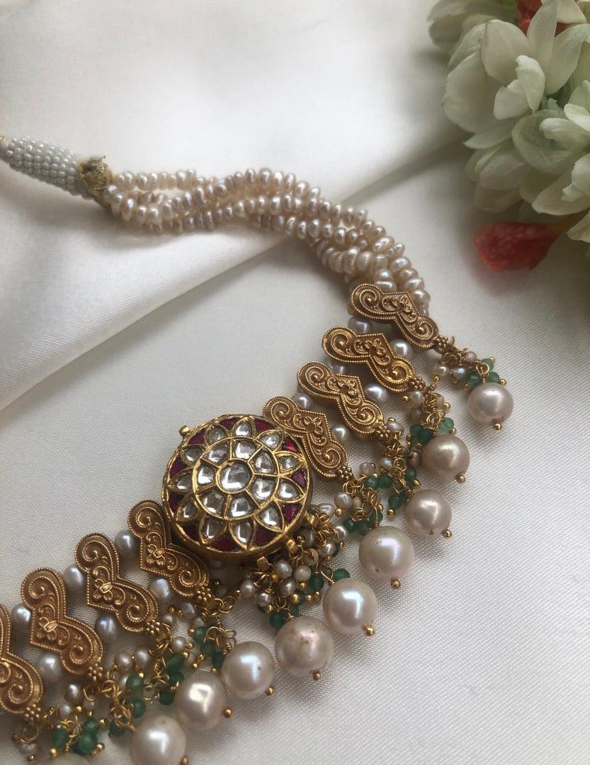 Antique style pearls choker with green beads & kundan centre pendant-Silver Neckpiece-PL-House of Taamara