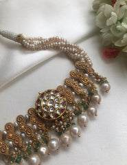 Antique style pearls choker with green beads & kundan centre pendant-Silver Neckpiece-PL-House of Taamara