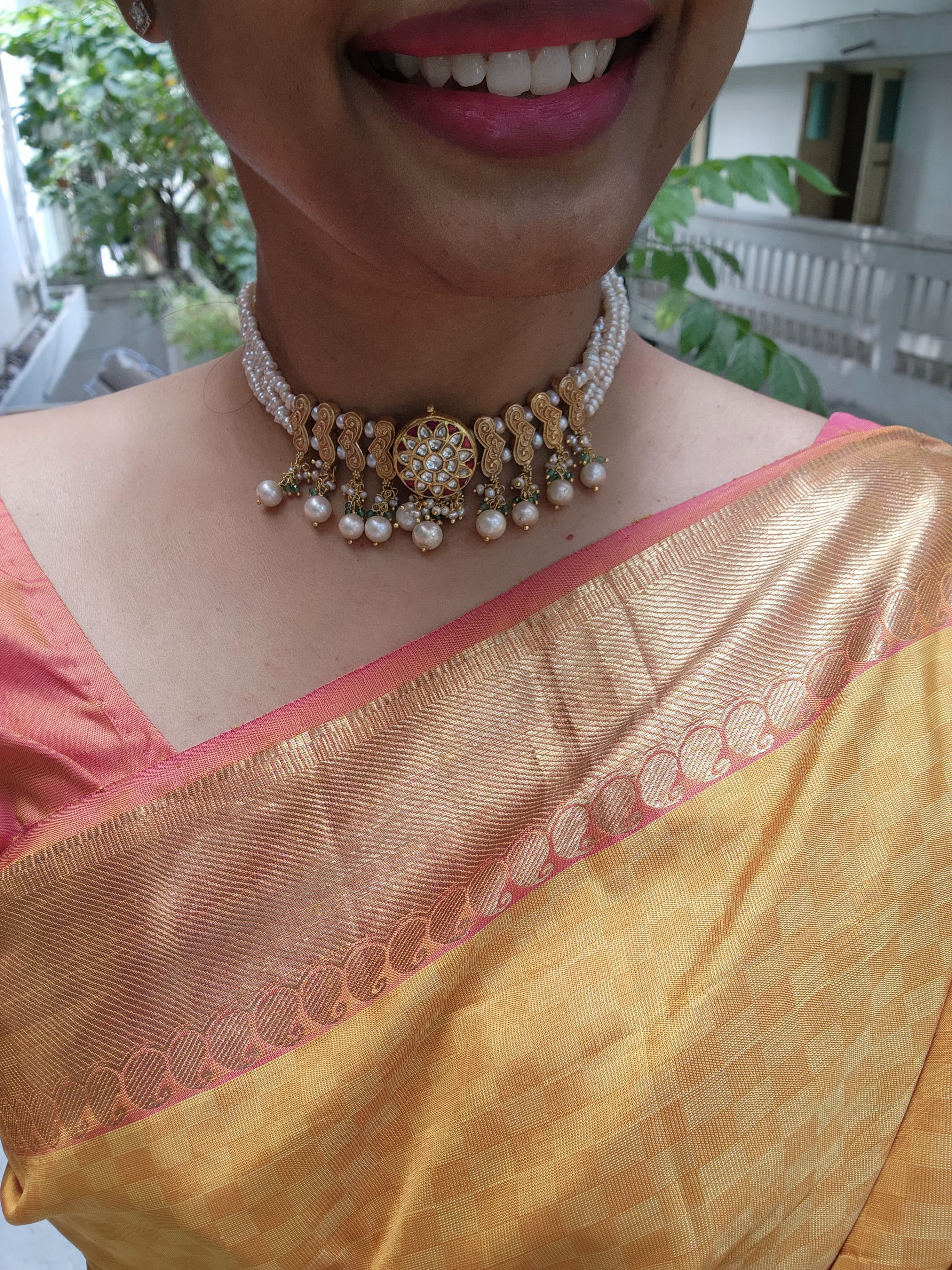 Antique style pearls choker with green beads & kundan centre pendant-Silver Neckpiece-PL-House of Taamara