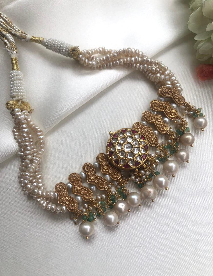 Antique style pearls choker with green beads & kundan centre pendant-Silver Neckpiece-PL-House of Taamara