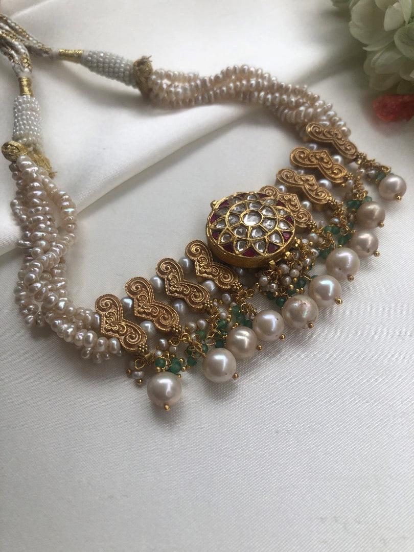 Antique style pearls choker with green beads & kundan centre pendant-Silver Neckpiece-PL-House of Taamara