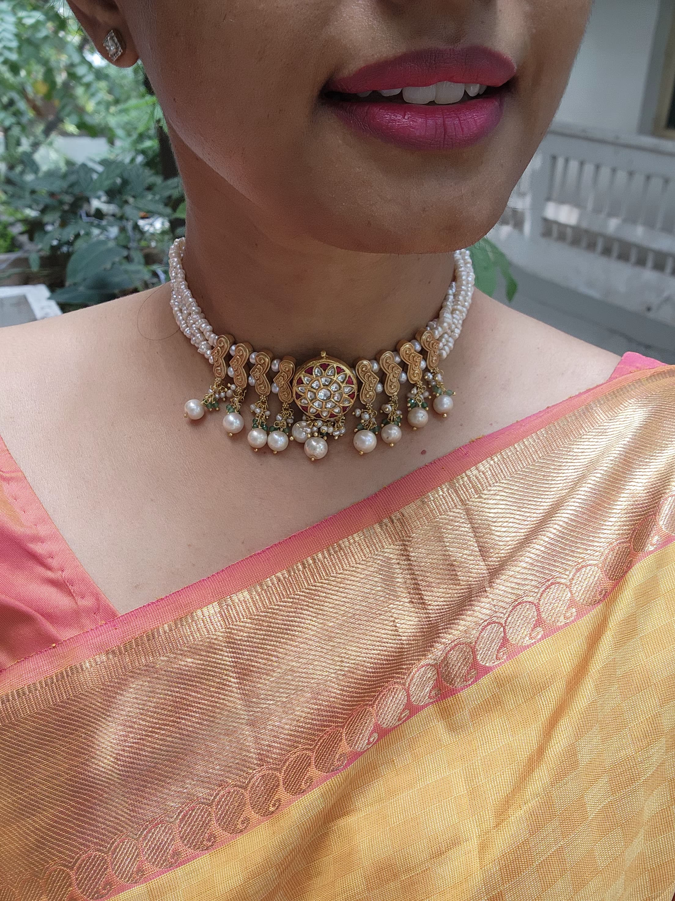 Antique style pearls choker with green beads & kundan centre pendant-Silver Neckpiece-PL-House of Taamara