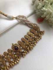 Antique style pearls choker with ruby centre piece-Silver Neckpiece-PL-House of Taamara