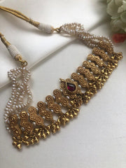 Antique style pearls choker with ruby centre piece-Silver Neckpiece-PL-House of Taamara