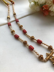 Antique style pearls mala with coral-Silver Neckpiece-PL-House of Taamara