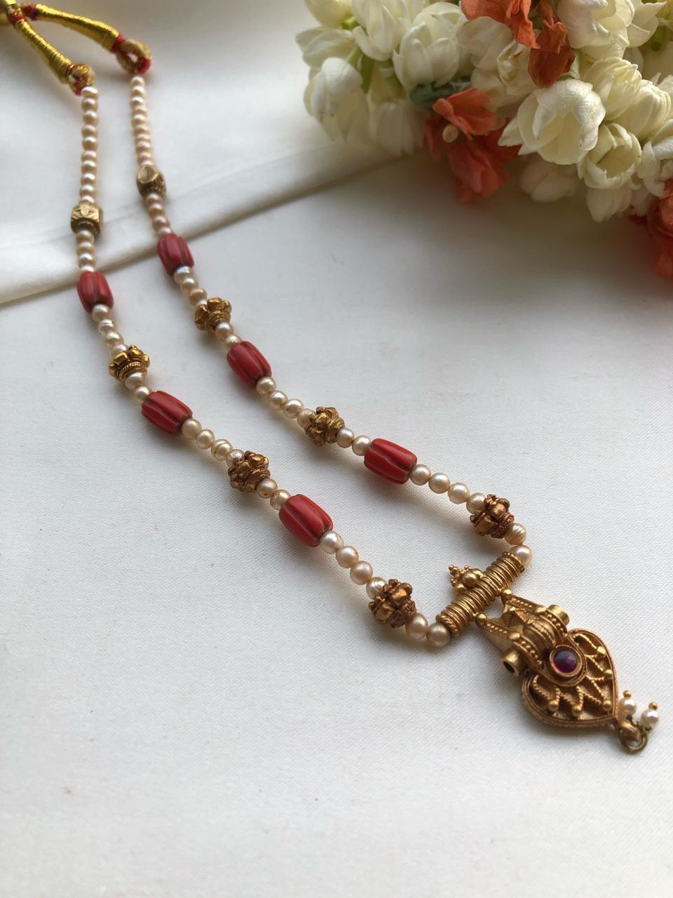 Antique style pearls mala with coral-Silver Neckpiece-PL-House of Taamara