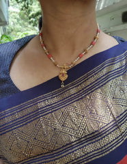 Antique style pearls mala with coral-Silver Neckpiece-PL-House of Taamara