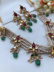 Antique style pearls necklace with kundan, ruby & green beads, SET-Silver Neckpiece-PL-House of Taamara