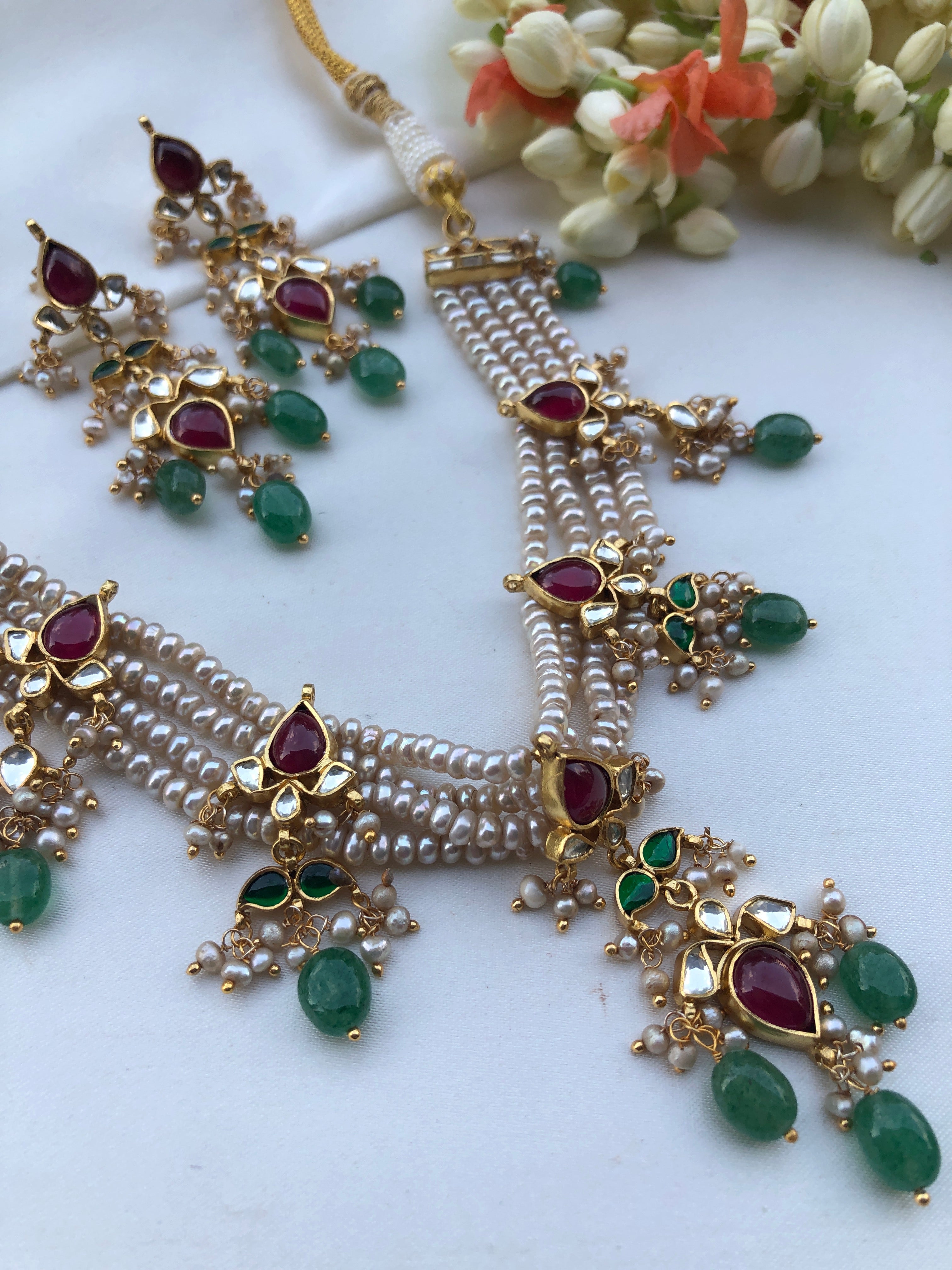 Antique style pearls necklace with kundan, ruby & green beads, SET-Silver Neckpiece-PL-House of Taamara
