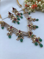 Antique style pearls necklace with kundan, ruby & green beads, SET-Silver Neckpiece-PL-House of Taamara