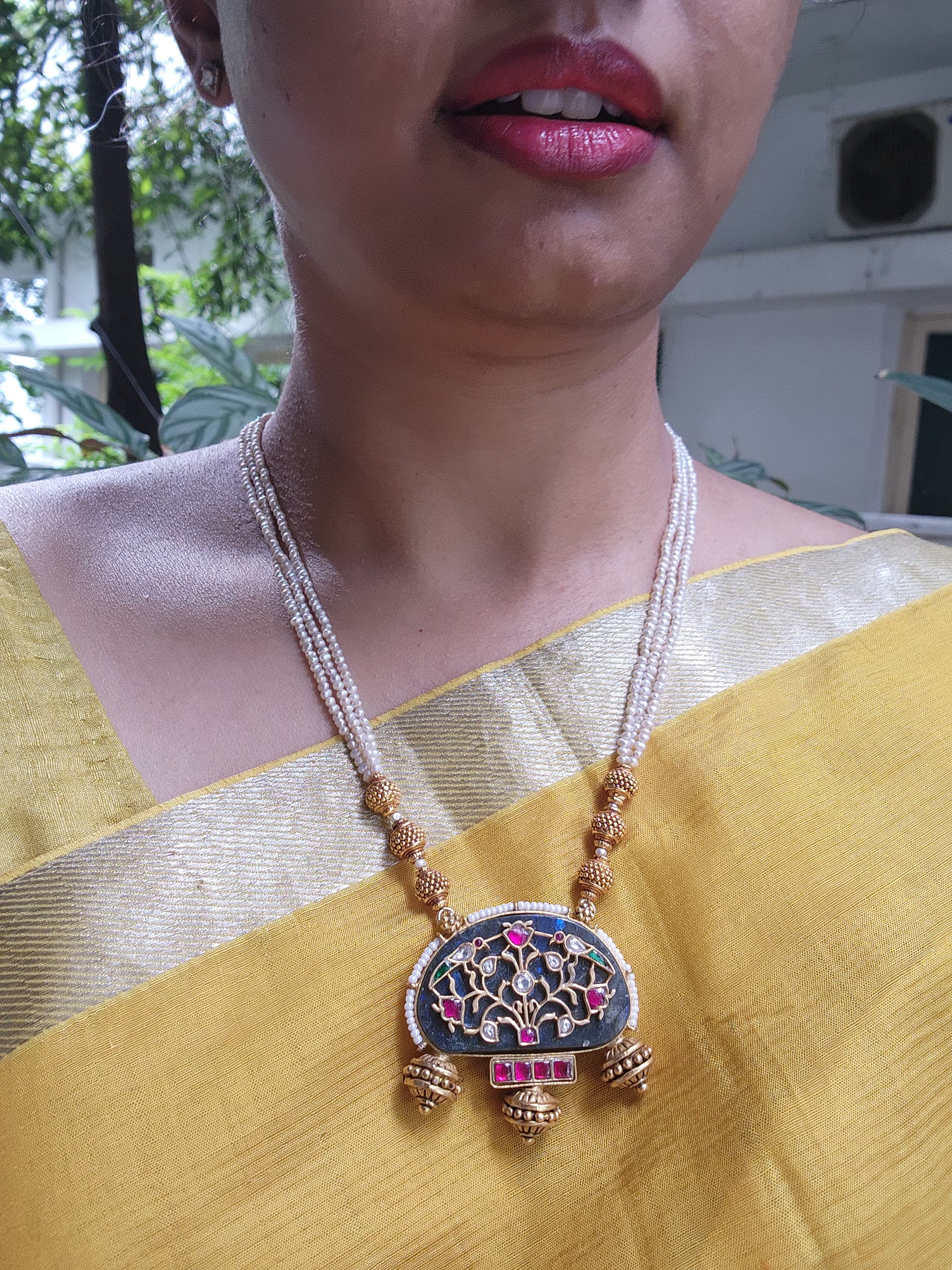 Antique style pearls with Black agate pendant & kundan intricate work-Silver Neckpiece-PL-House of Taamara