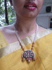 Antique style pearls with Black agate pendant & kundan intricate work-Silver Neckpiece-PL-House of Taamara