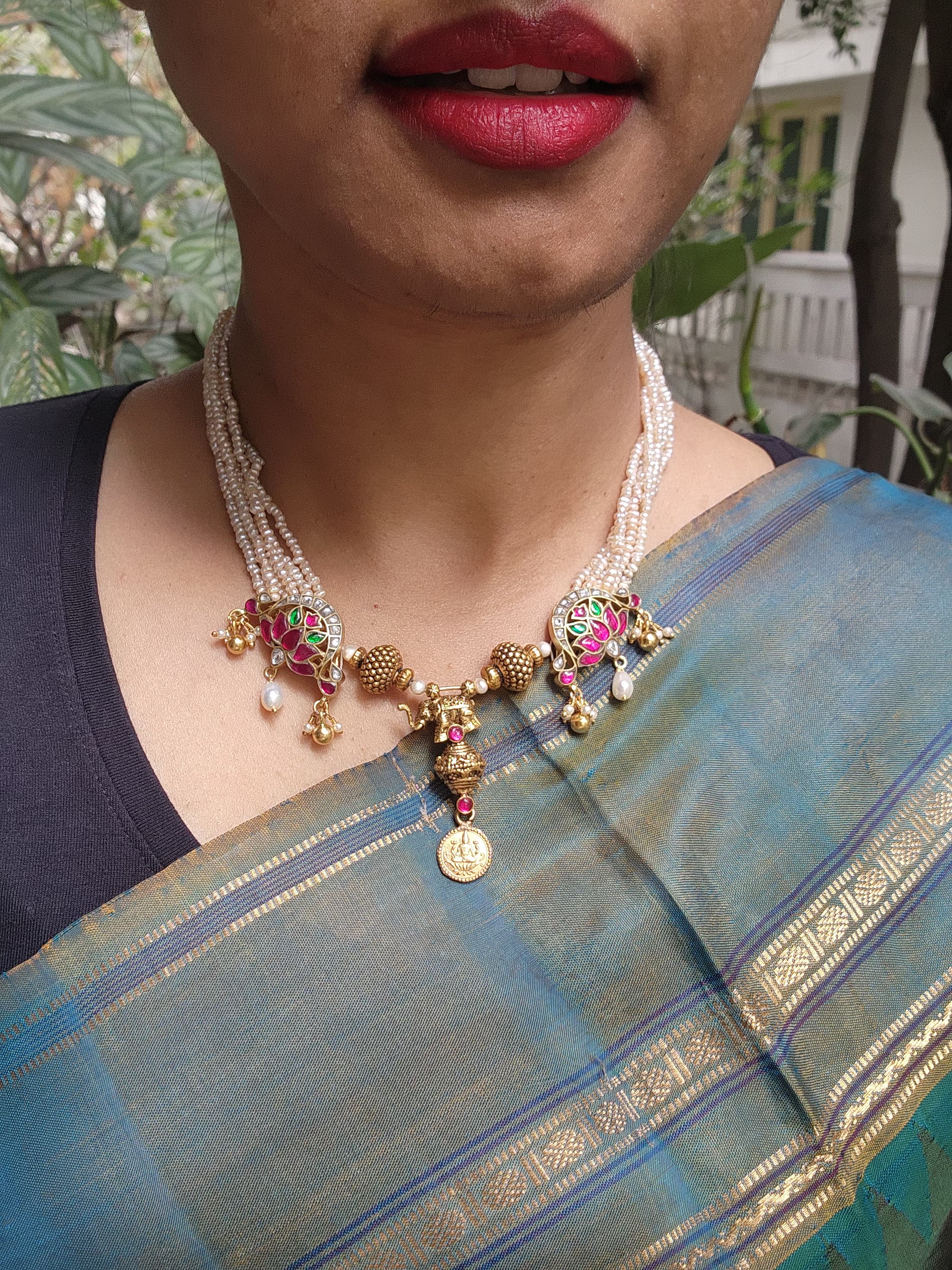 Antique style pearls with Kundan lotus and beads necklace-Silver Neckpiece-PL-House of Taamara