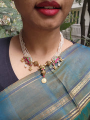 Antique style pearls with Kundan lotus and beads necklace-Silver Neckpiece-PL-House of Taamara