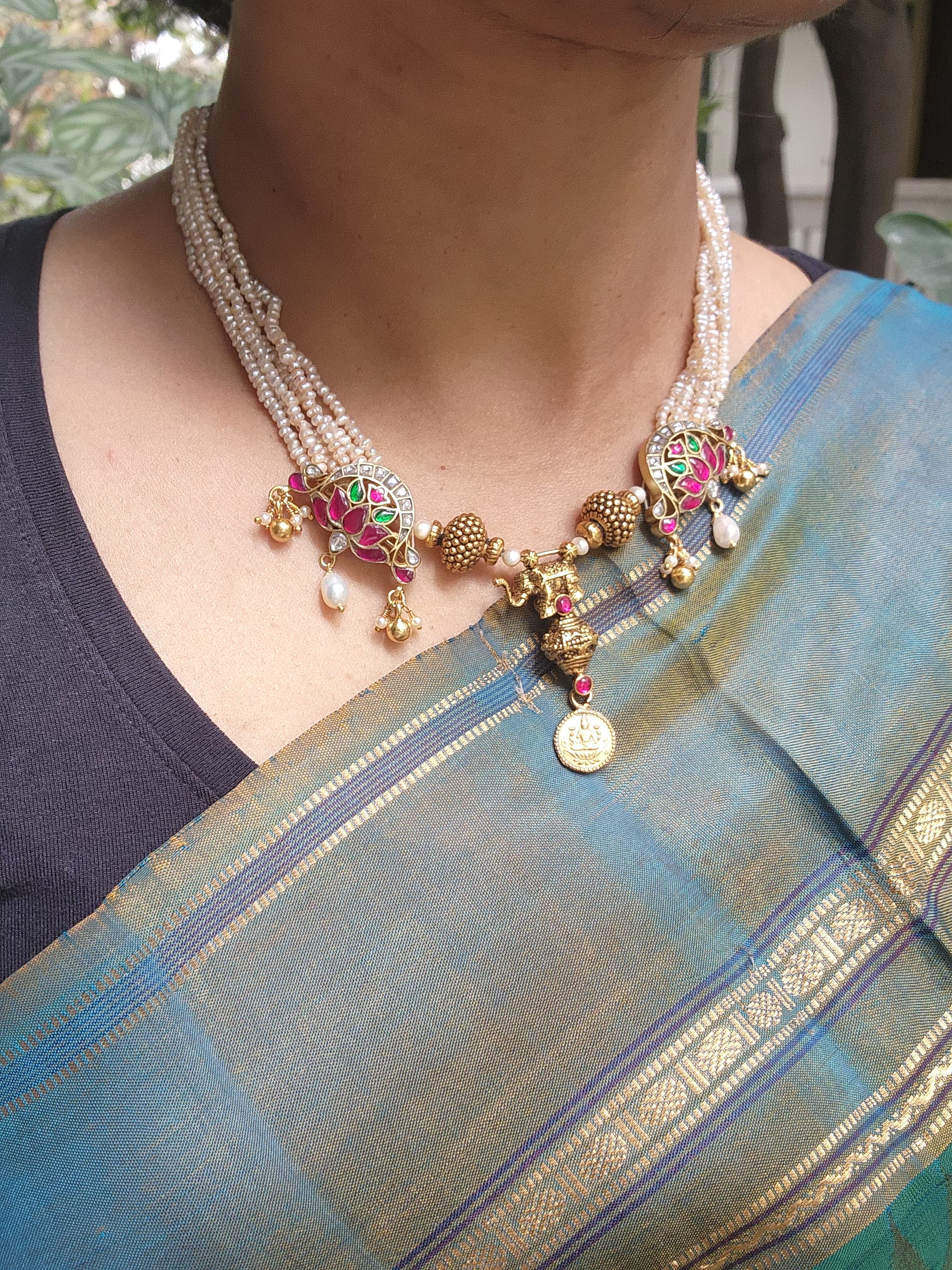 Antique style pearls with Kundan lotus and beads necklace-Silver Neckpiece-PL-House of Taamara