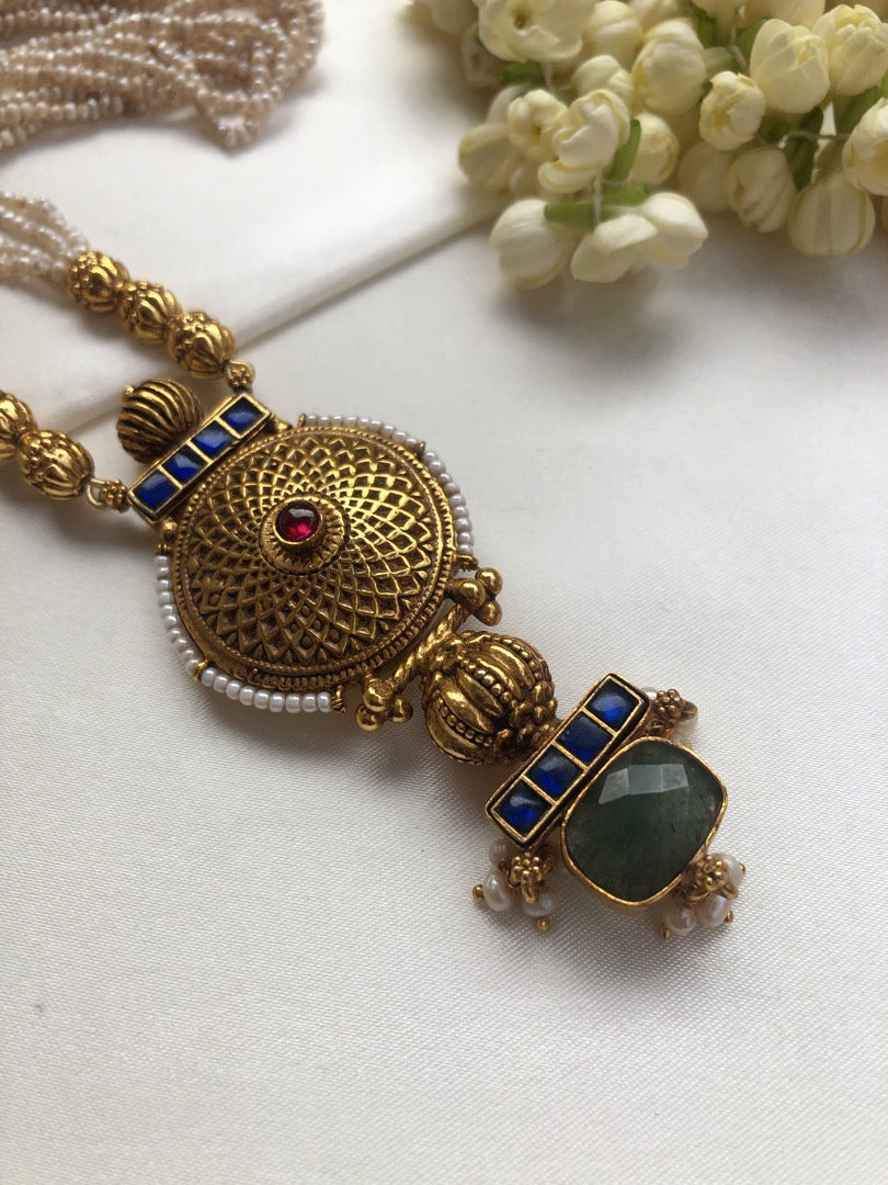 Antique style pearls with blue stone gold polish pendant-Silver Neckpiece-PL-House of Taamara