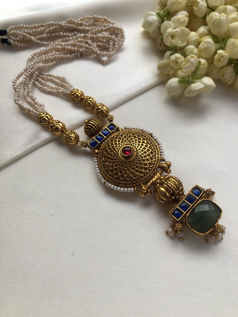 Antique style pearls with blue stone gold polish pendant-Silver Neckpiece-PL-House of Taamara