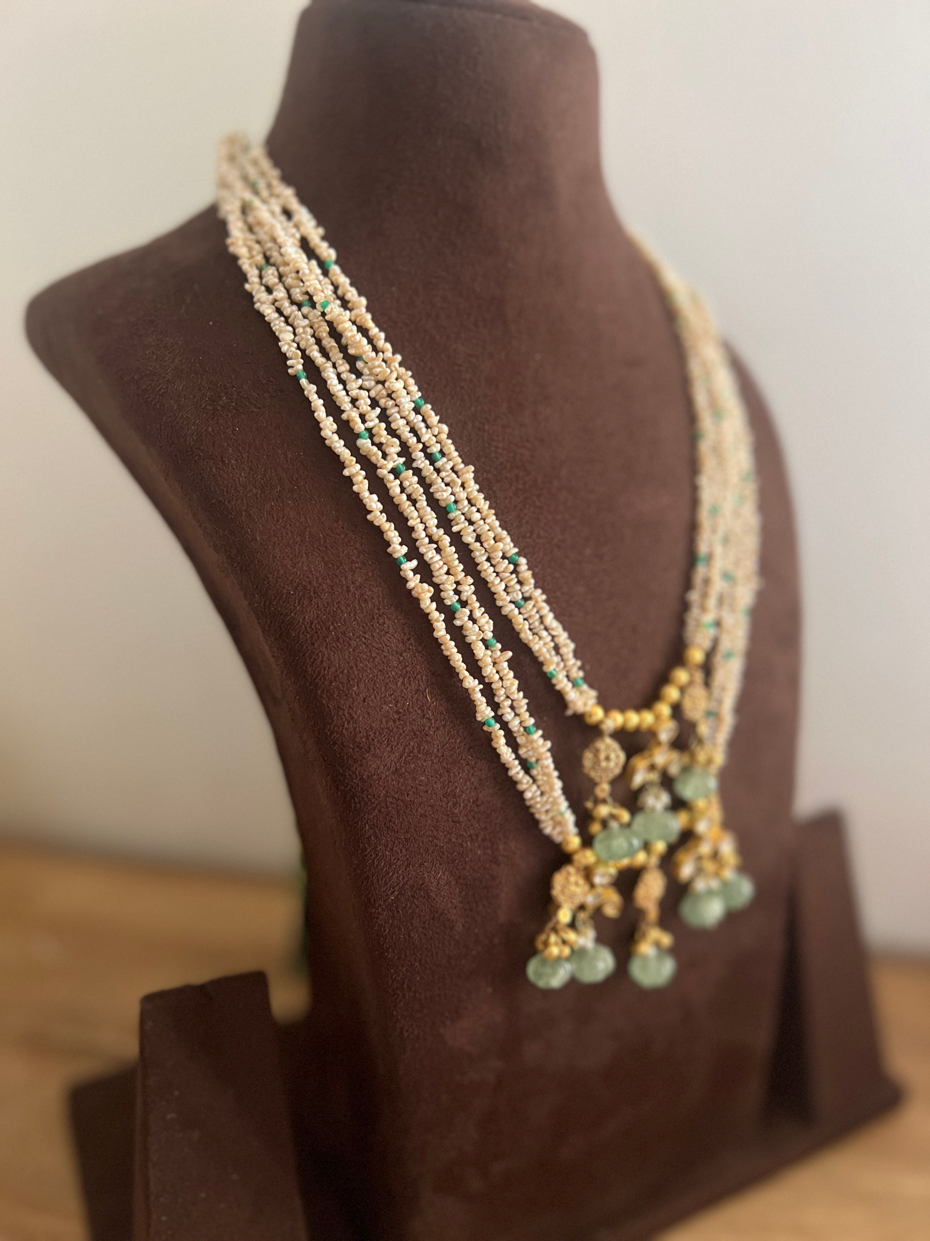 Antique style pearls with double line jade pumpkin beads necklace-Silver Neckpiece-PL-House of Taamara