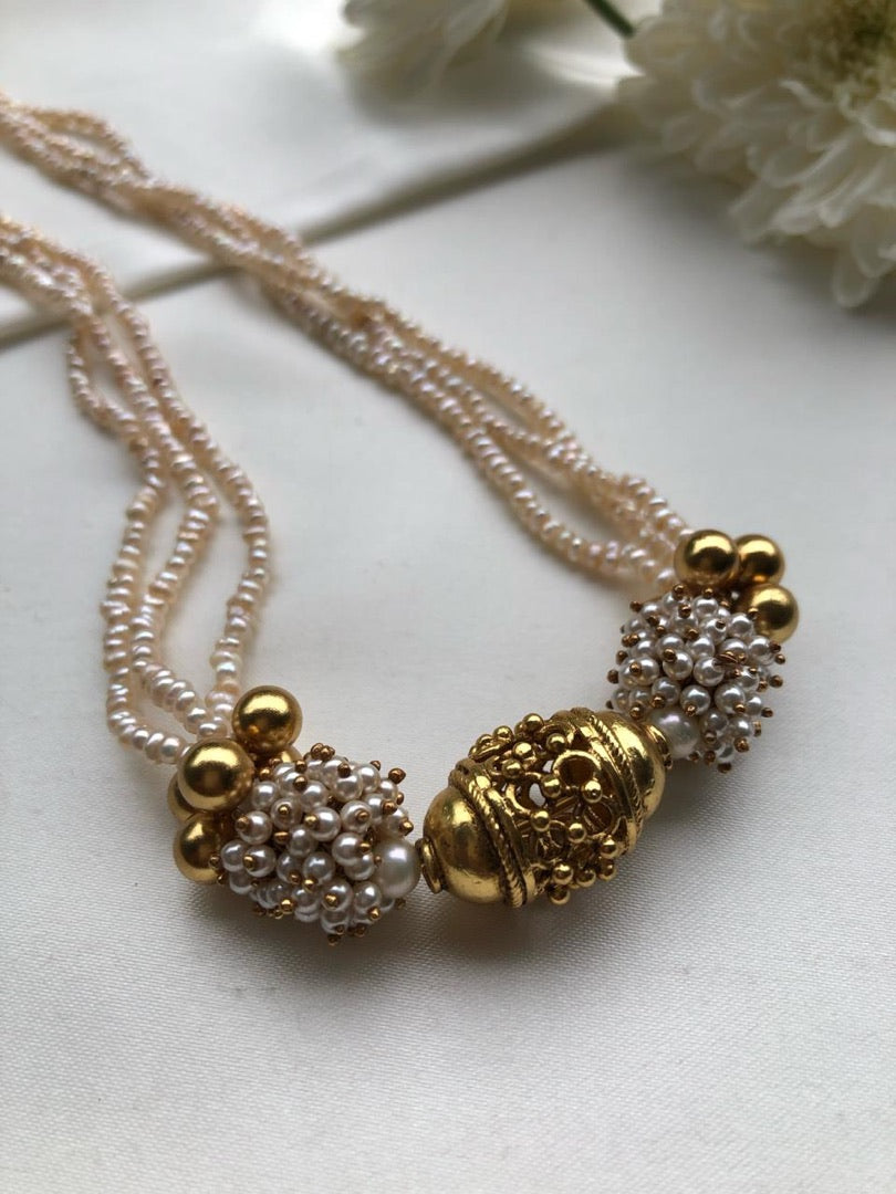 Antique style pearls with gundus beads necklace-Silver Neckpiece-PL-House of Taamara