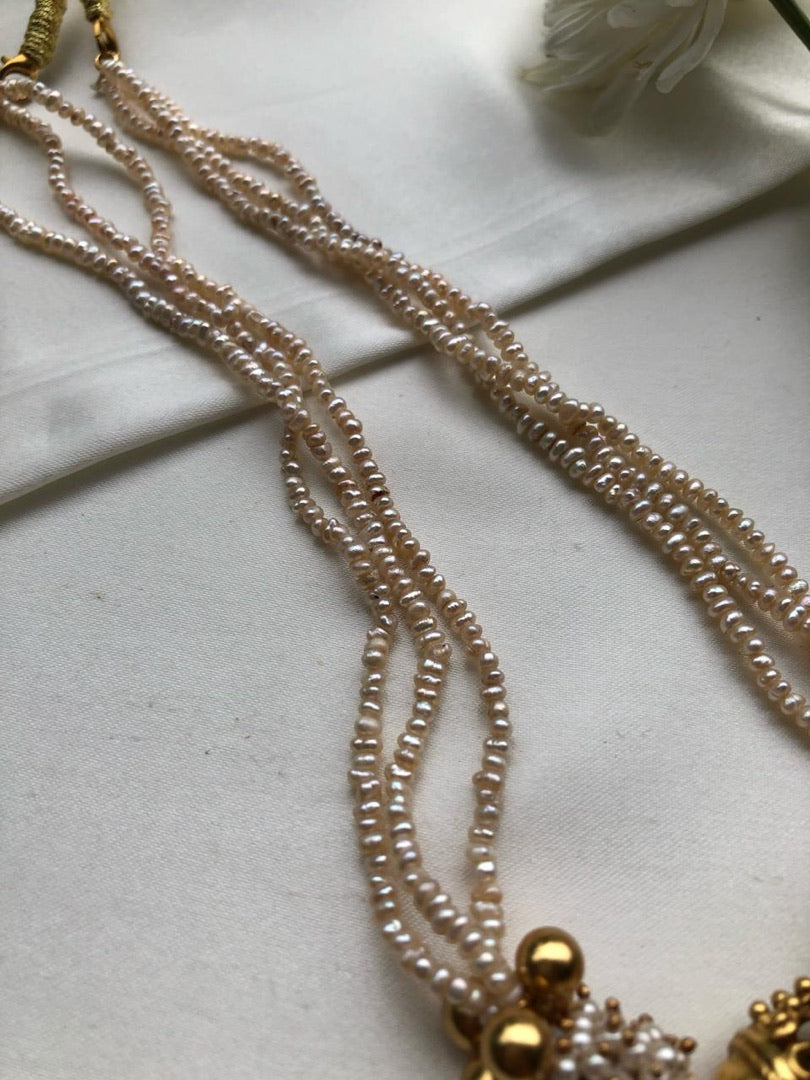 Antique style pearls with gundus beads necklace-Silver Neckpiece-PL-House of Taamara