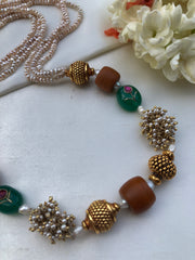Antique style pearls with jade & kundan work with coral necklace-Silver Neckpiece-PL-House of Taamara