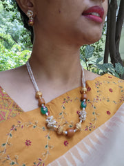 Antique style pearls with jade & kundan work with coral necklace-Silver Neckpiece-PL-House of Taamara