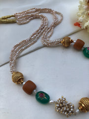 Antique style pearls with jade & kundan work with coral necklace-Silver Neckpiece-PL-House of Taamara